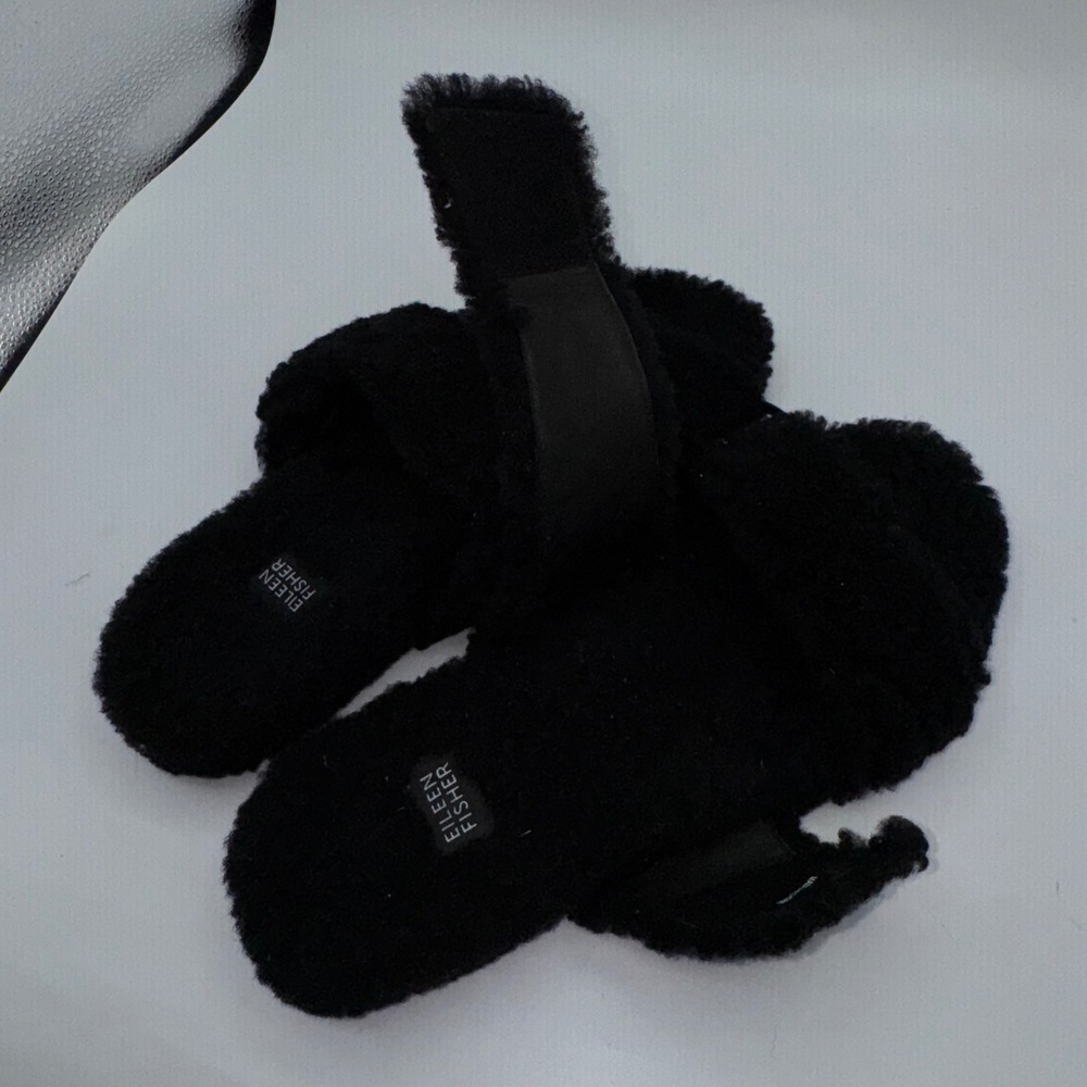 EILEEN FISHER Shoes Womens 7.5 Dello‎ Shearling Slide Sandal Black Lamb Fur Slip - Picture 10 of 13